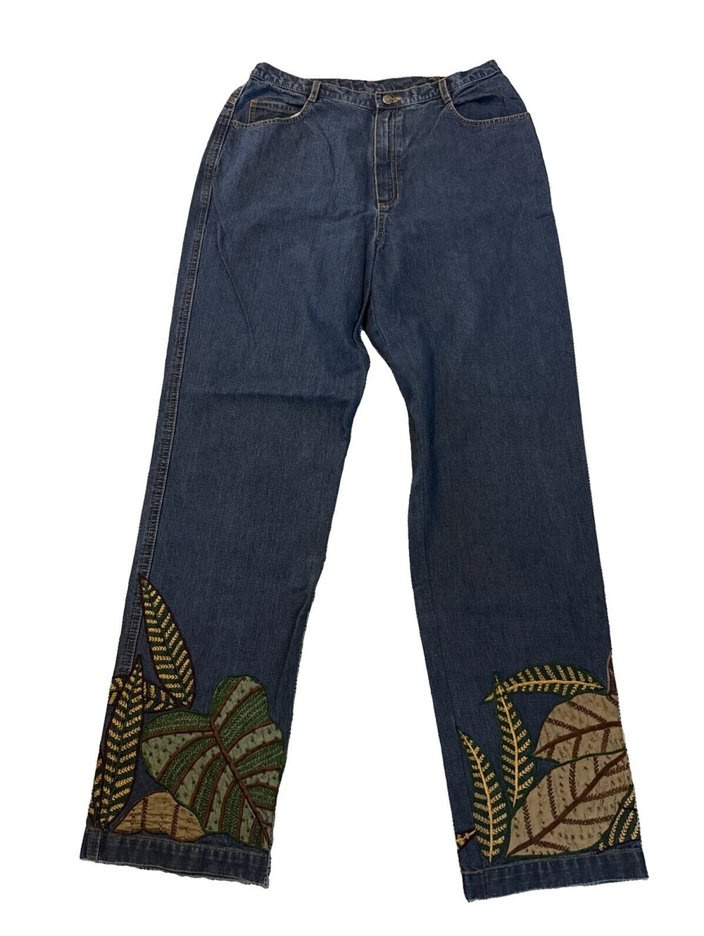 VTG 90s Chico’s Design Leaf Appliqué Embroidered denim Jeans Sz 1M Wearable Art